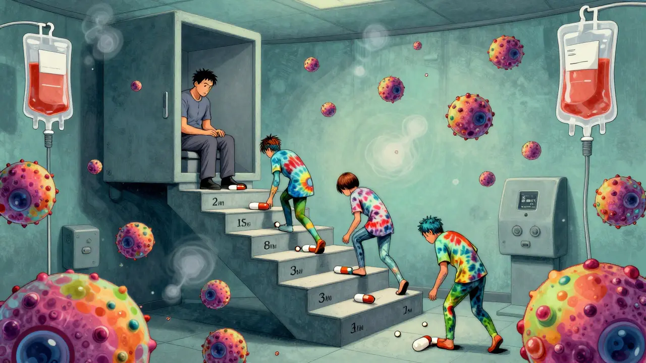 A surreal staircase of increasing drug doses with abstract immune cells retreating, in vibrant Wes Wilson-inspired abstract design.