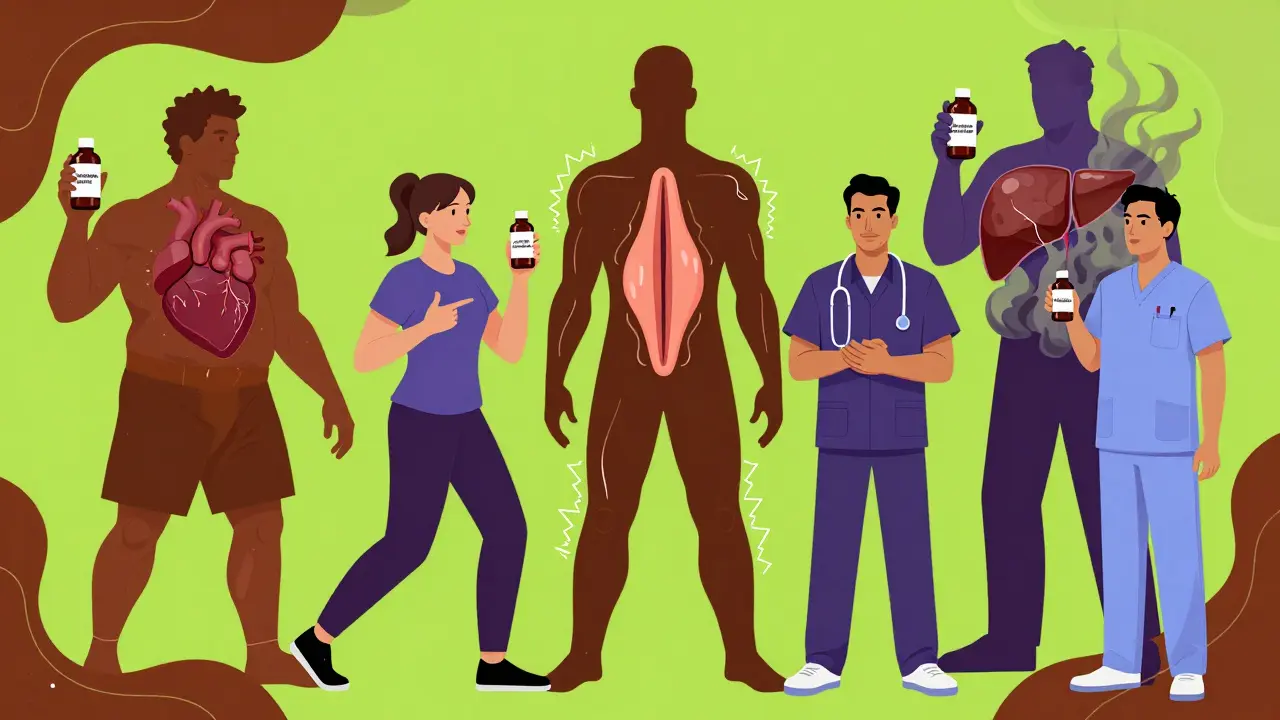 Diverse gym-goers whose shadows transform into medical horrors, rendered in vibrant swirling psychedelic lines.