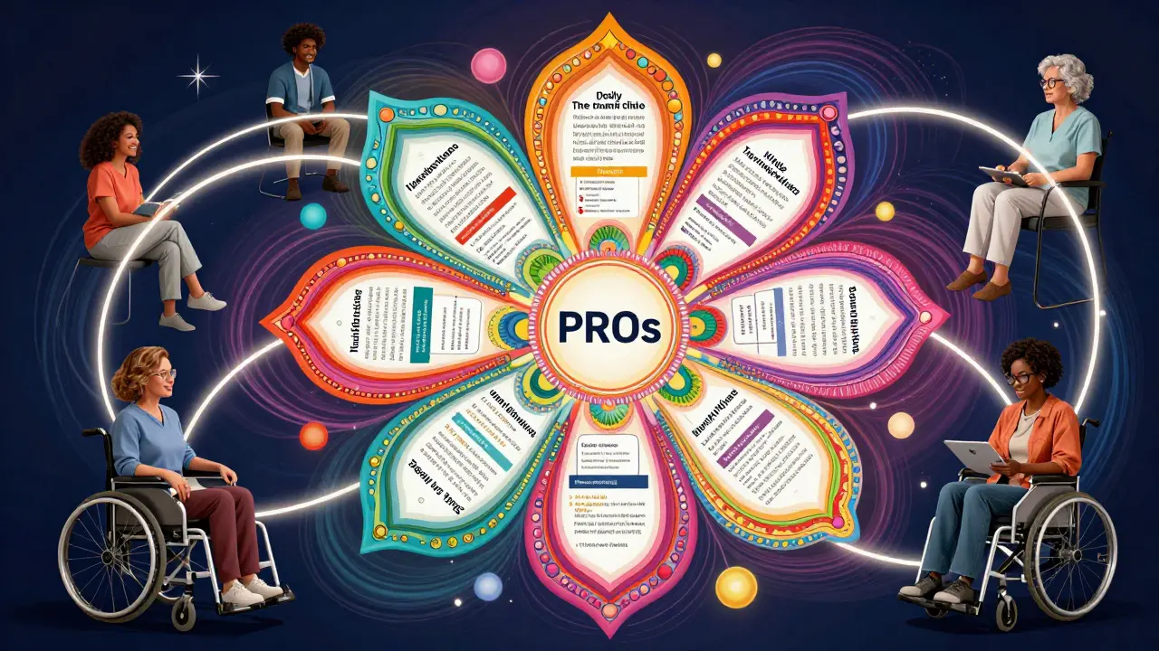 Diverse patients connected by glowing lines to a central flower-shaped hub labeled 'PROs,' with drug labels as petals.