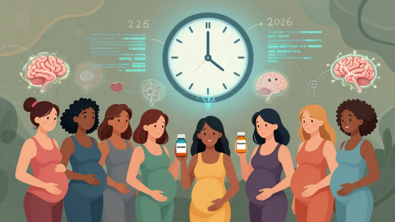 Diverse pregnant women holding medication bottles that turn into glowing brains, with data streams forming personalized risk estimates in flowing organic patterns.