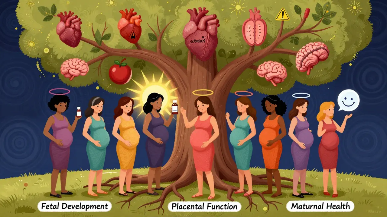 Diverse pregnant women under a symbolic tree of fetal development, with protected organs and MotherToBaby icon, in swirling psychedelic colors.