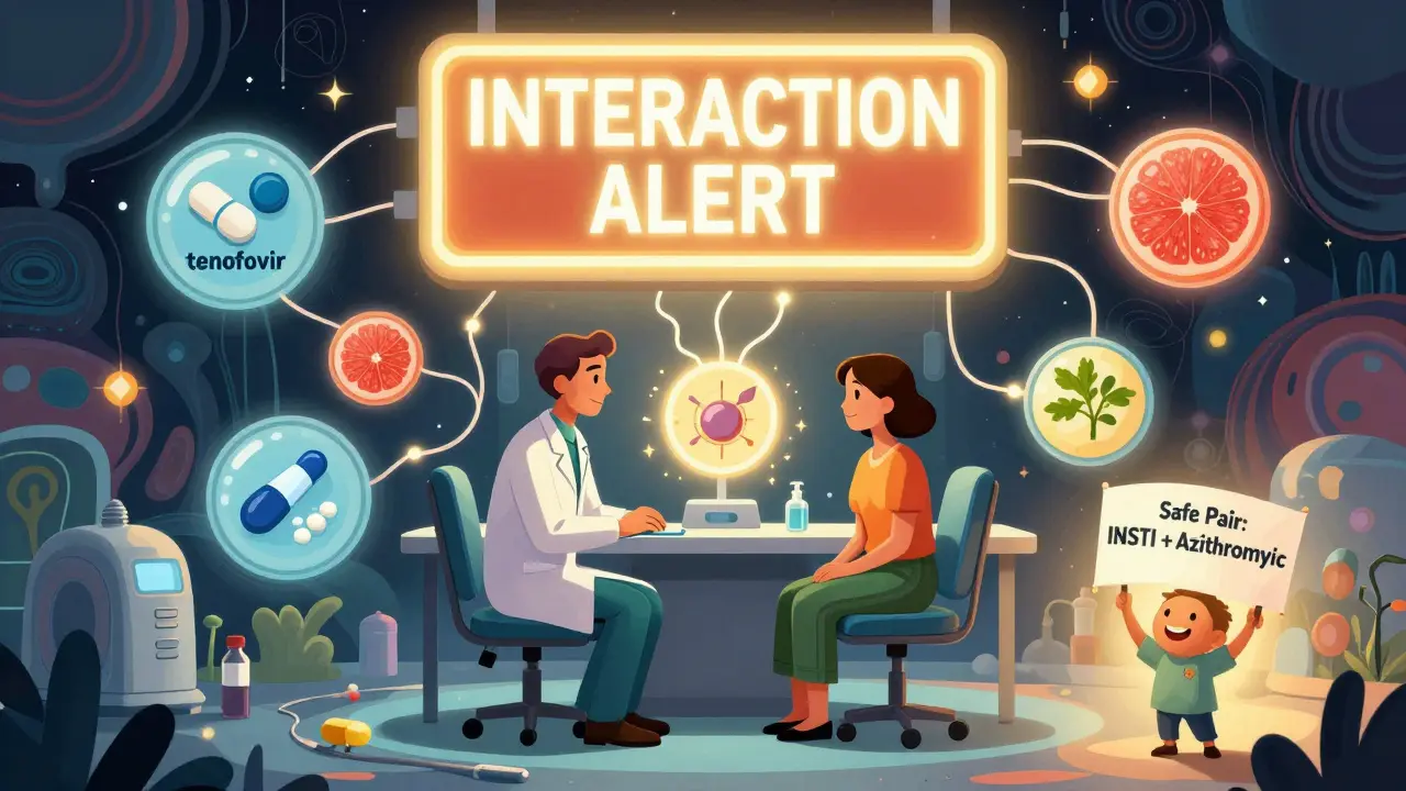 Doctor and patient under warning sign, dangerous wires connecting conflicting meds, safe pair banner glowing in corner.