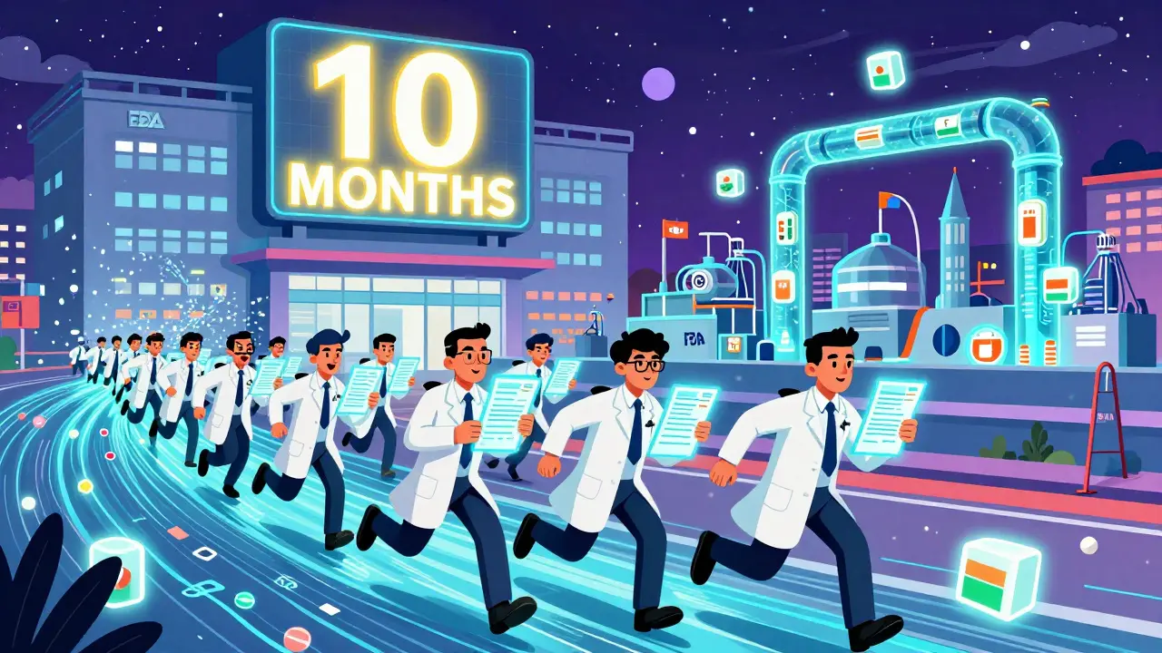 Modern FDA review center with hundreds of inspectors processing applications quickly, surrounded by digital data streams.