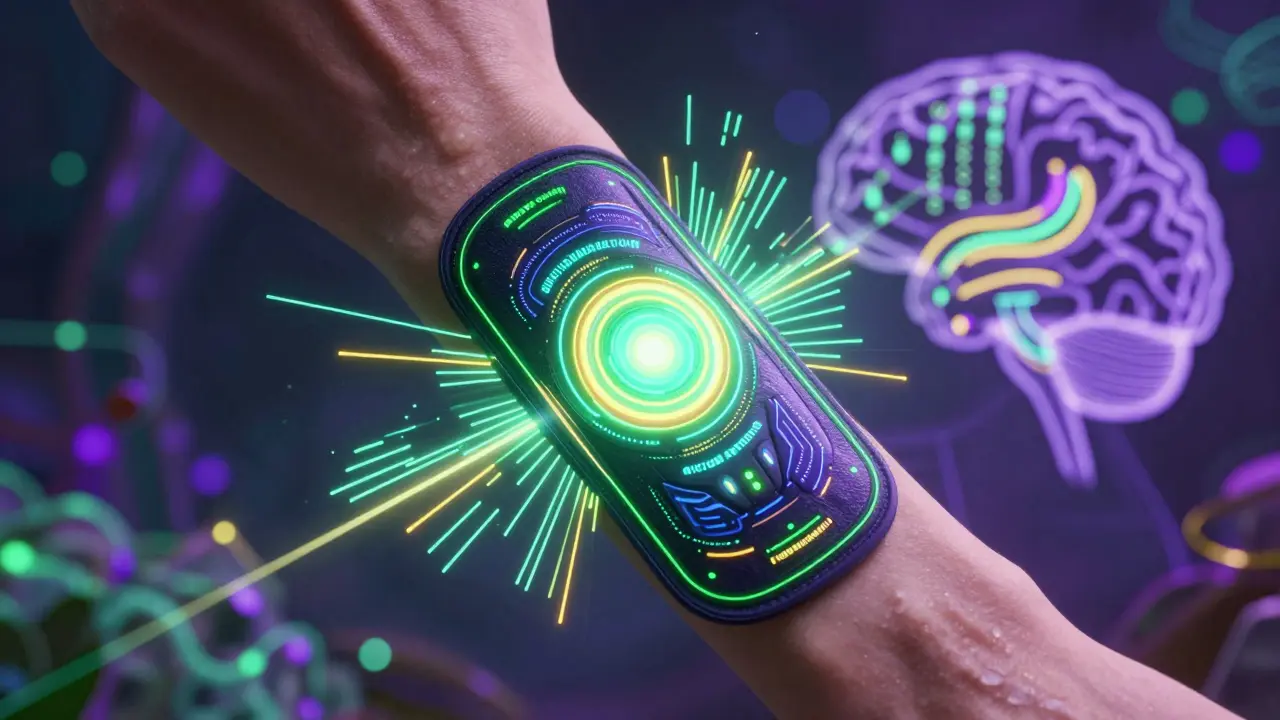 Neon green and purple sodium monitoring patch emitting data waves on forearm, psychedelic style.