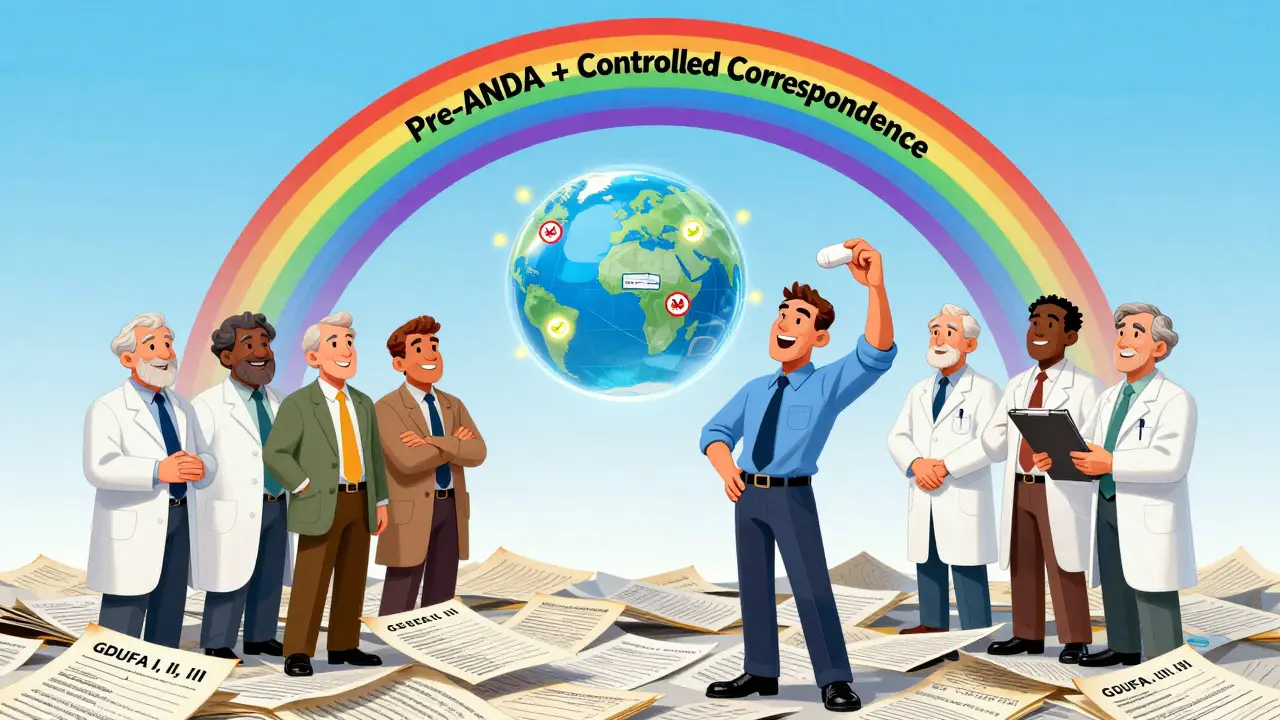 Patient holding a cheap generic pill on a pile of old regulations, with scientists and global factories in harmony under GDUFA.