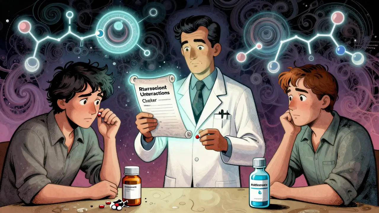 Pharmacist holding Liverpool checker tablet, patient with rifampin on one side, azithromycin on the other, swirling enzyme patterns behind.