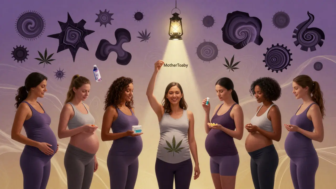Pregnant women holding medications as abstract risks transform into swirls under a lantern labeled 'MotherToBaby'.