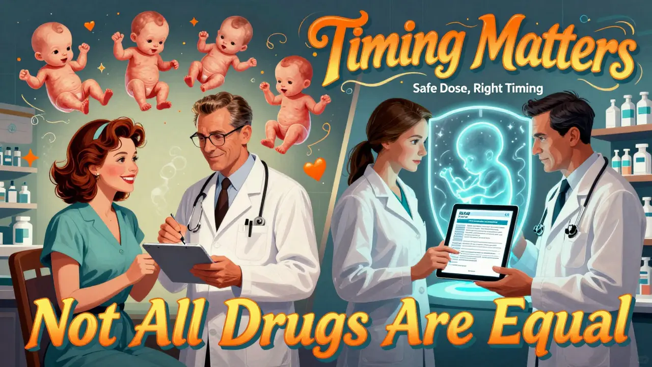 Split illustration: 1960s thalidomide prescription vs. modern prenatal care, with fetal shield and psychedelic labels emphasizing timing and safety.