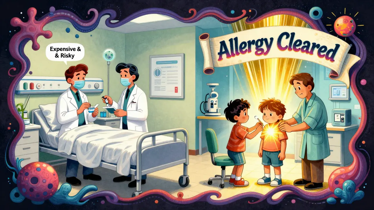 Split scene: left shows risky antibiotics, right shows a child cleared of penicillin allergy with golden light and psychedelic banner.