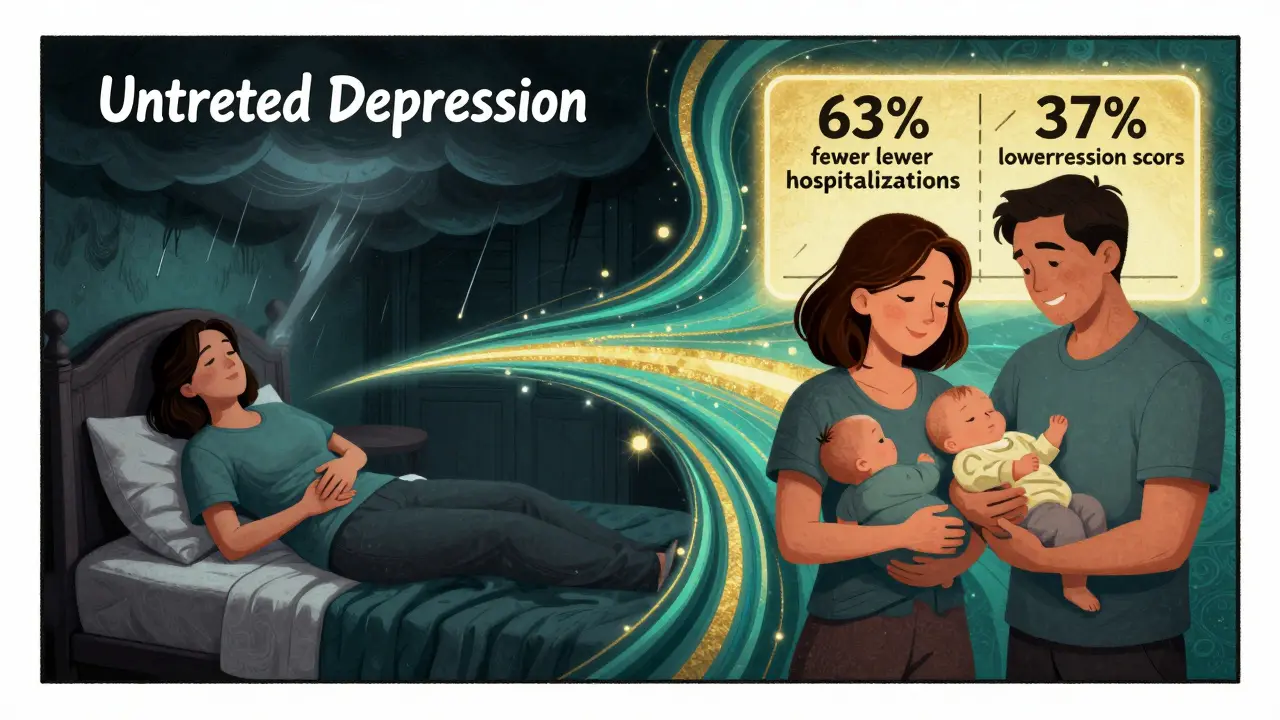 Split scene: one side shows dark depression shadows, the other shows a smiling woman with her baby and positive health data in swirling vibrant tones.