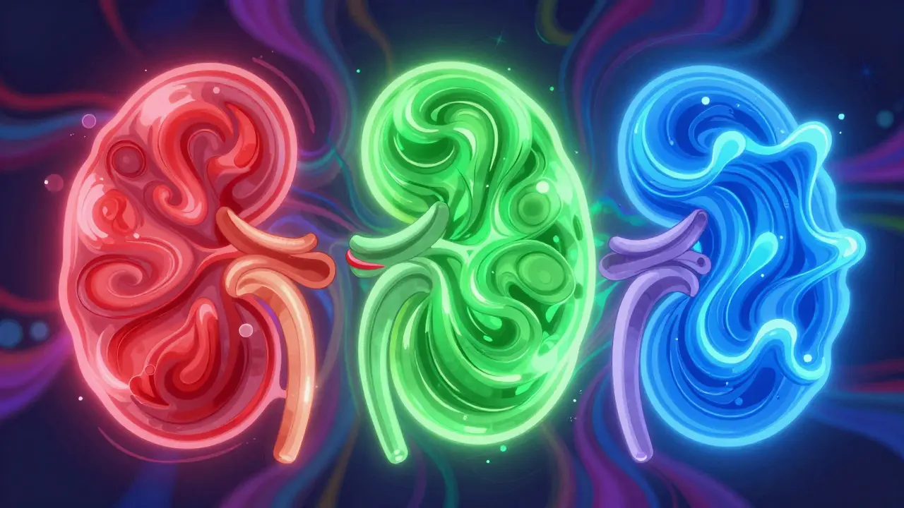 Three abstract kidney sections in neon colors showing fluid volume states, organic swirling patterns.