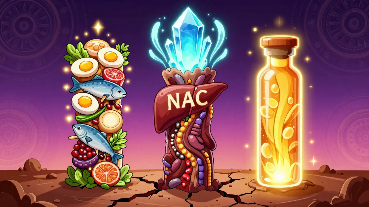 Three stylized totems representing protein, NAC, and thiamine rising from cracked earth in psychedelic illustration style.