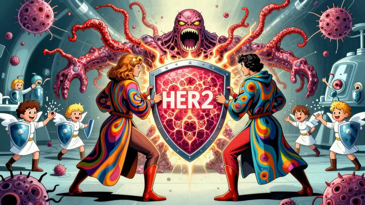 Two psychedelic superheroes blocking a HER2 monster with interlocking energy shields while immune soldiers dismantle cancer cells.