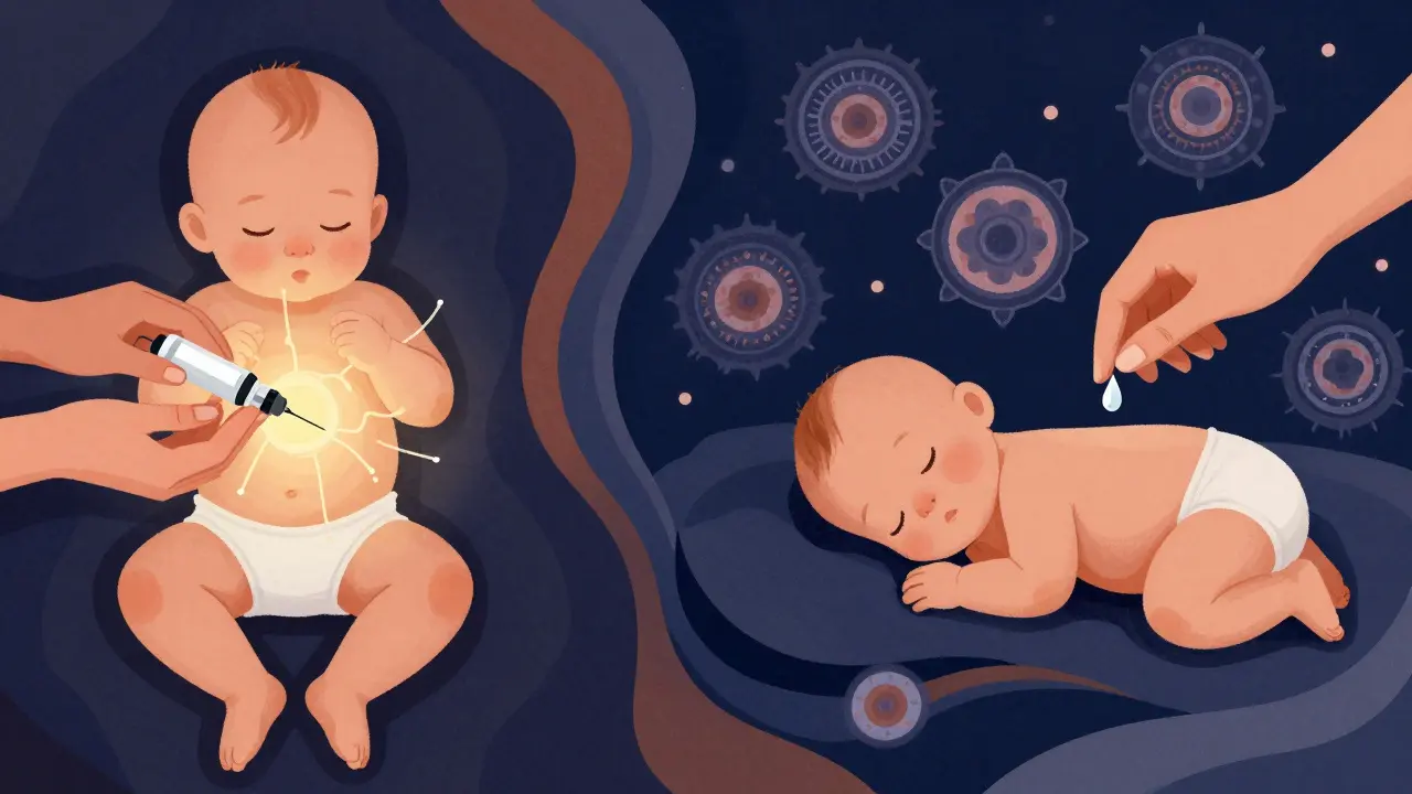 A baby sleeps peacefully as medicine is given four hours after vaccination, with glowing immune cells swirling around them.