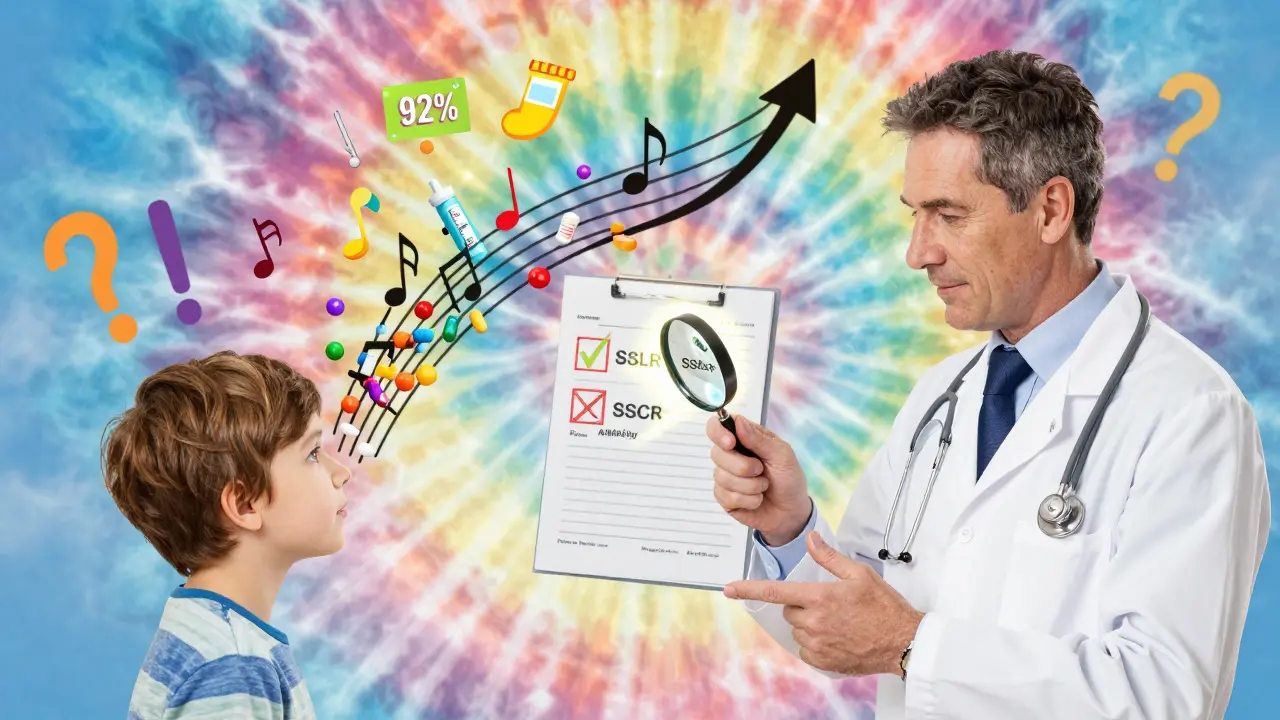 A doctor examines a chart with SSLR confirmed and penicillin allergy crossed out, as colorful antibiotics float upward in swirling patterns.