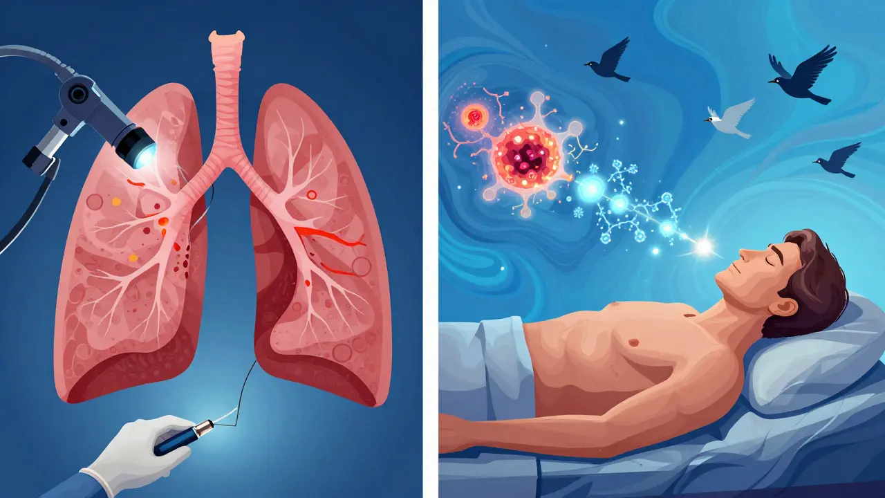 A dual illustration of lung cancer surgery and radiation therapy, with glowing beams and surgical tools in vibrant psychedelic colors.