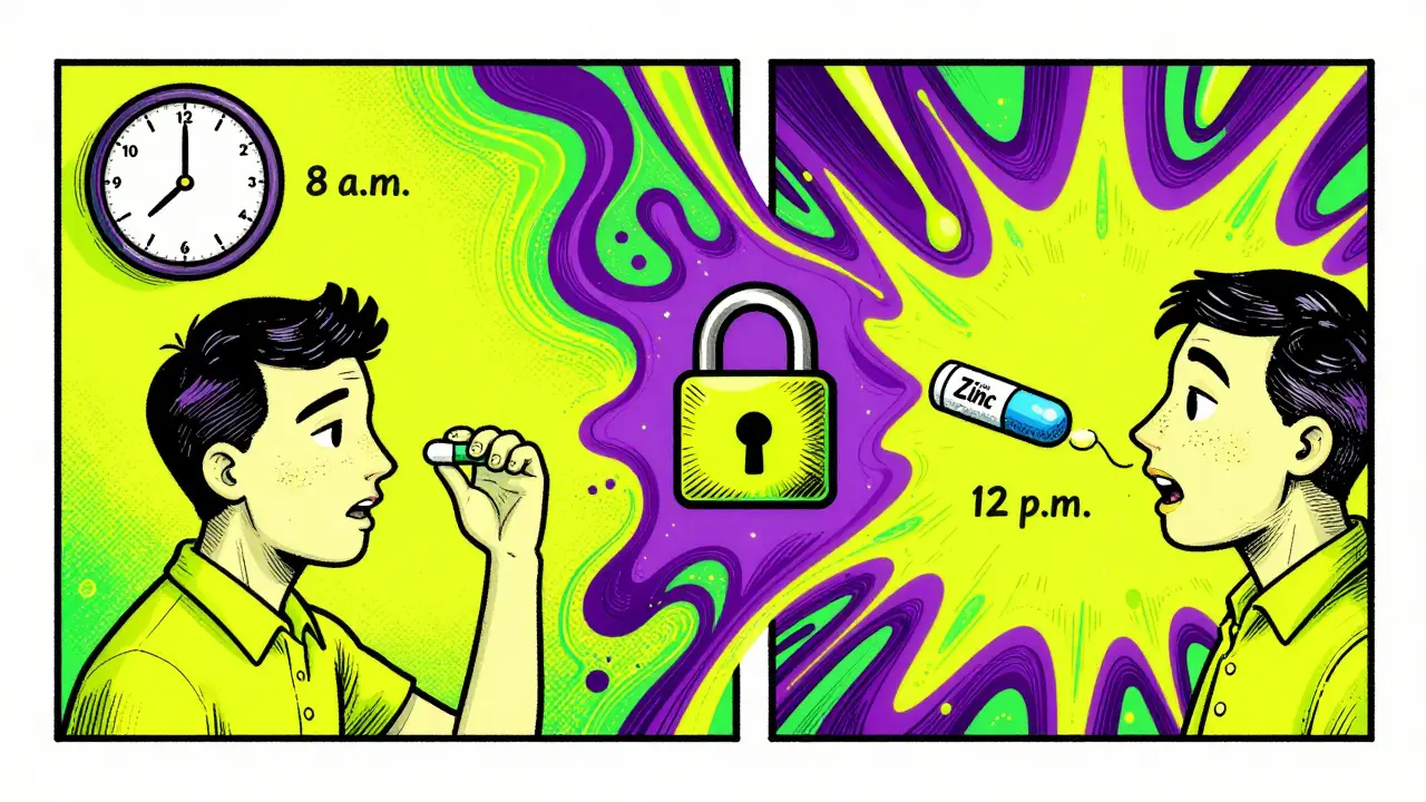 A patient separated from zinc by glowing time gaps, with psychedelic clock and warning symbols in vibrant colors.
