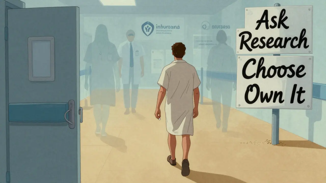 A person walking away from a hospital with a single pill, guided by signs reading 'Ask', 'Research', 'Choose', 'Own It'.