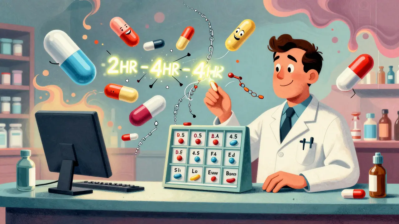 A pharmacist using a labeled pill organizer as floating supplements are correctly spaced apart in psychedelic poster art.
