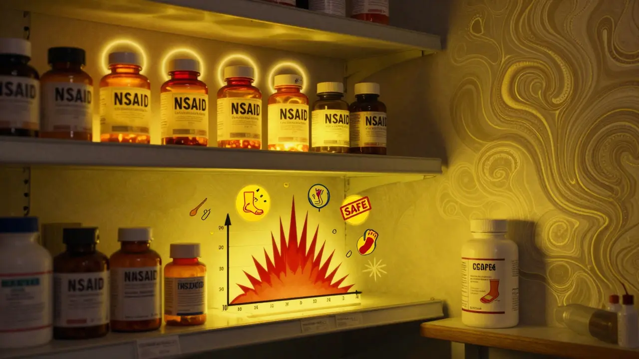 A pharmacy shelf where NSAID bottles glow with danger while acetaminophen sits safely in soft light, all in vintage psychedelic illustration style.