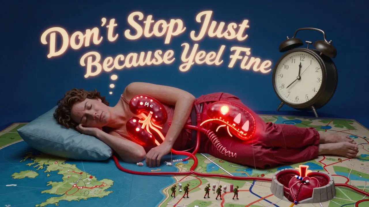 A sleeping person with internal warning signs glowing, surrounded by psychedelic text about continuing medication.