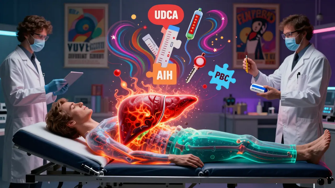 A transparent patient's liver showing dual inflammation with treatment keys and blood test puzzles in psychedelic style.