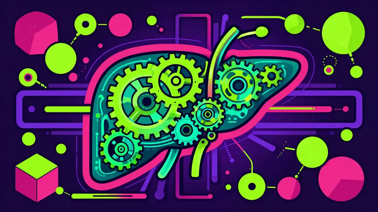 Abstract liver gear mechanism with blocking molecular shapes