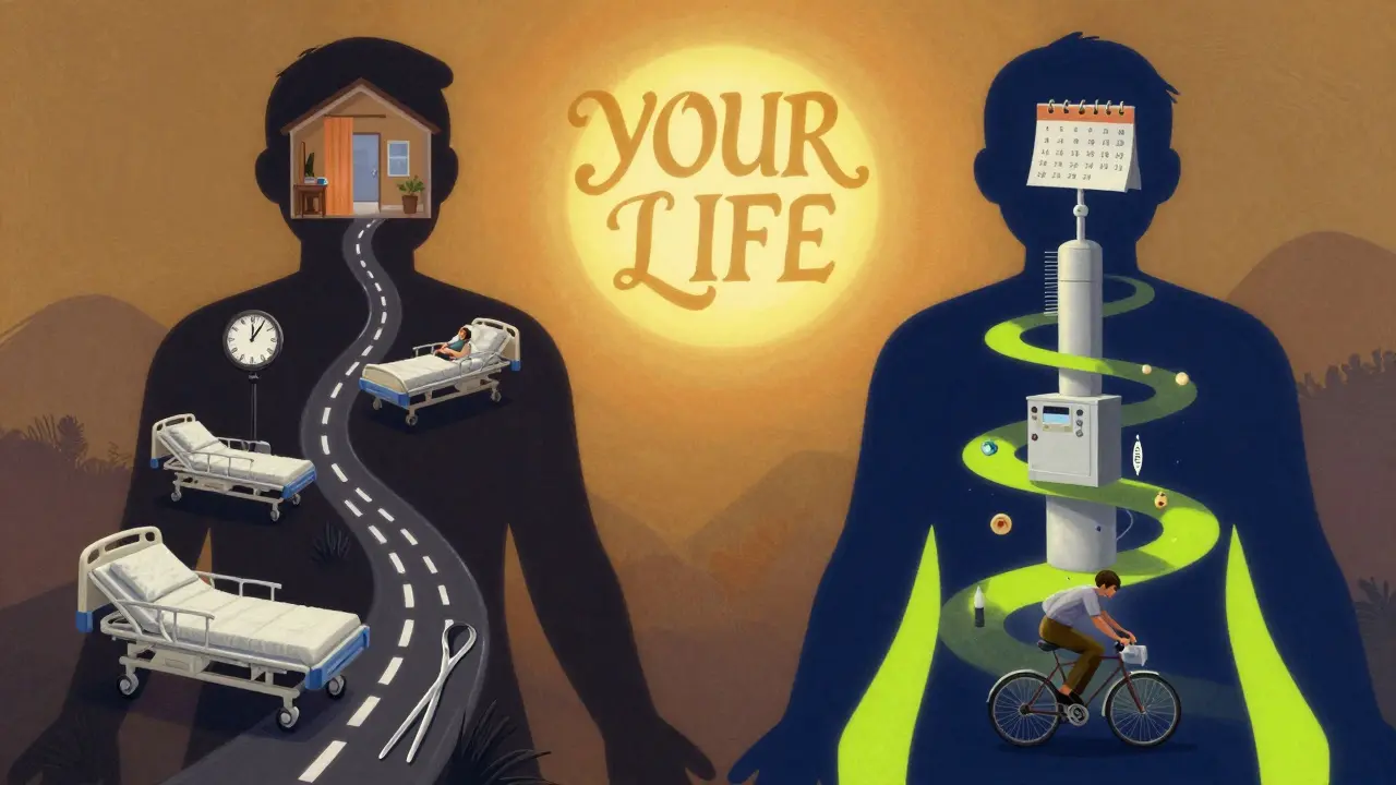 An abstract human silhouette divided into surgery and radiation life paths, rendered in swirling 1960s psychedelic art style.