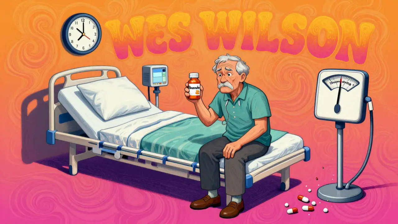 An elderly person startled by sudden weight gain from an NSAID pill, with a looming hospital bed in swirling 1960s psychedelic art style.