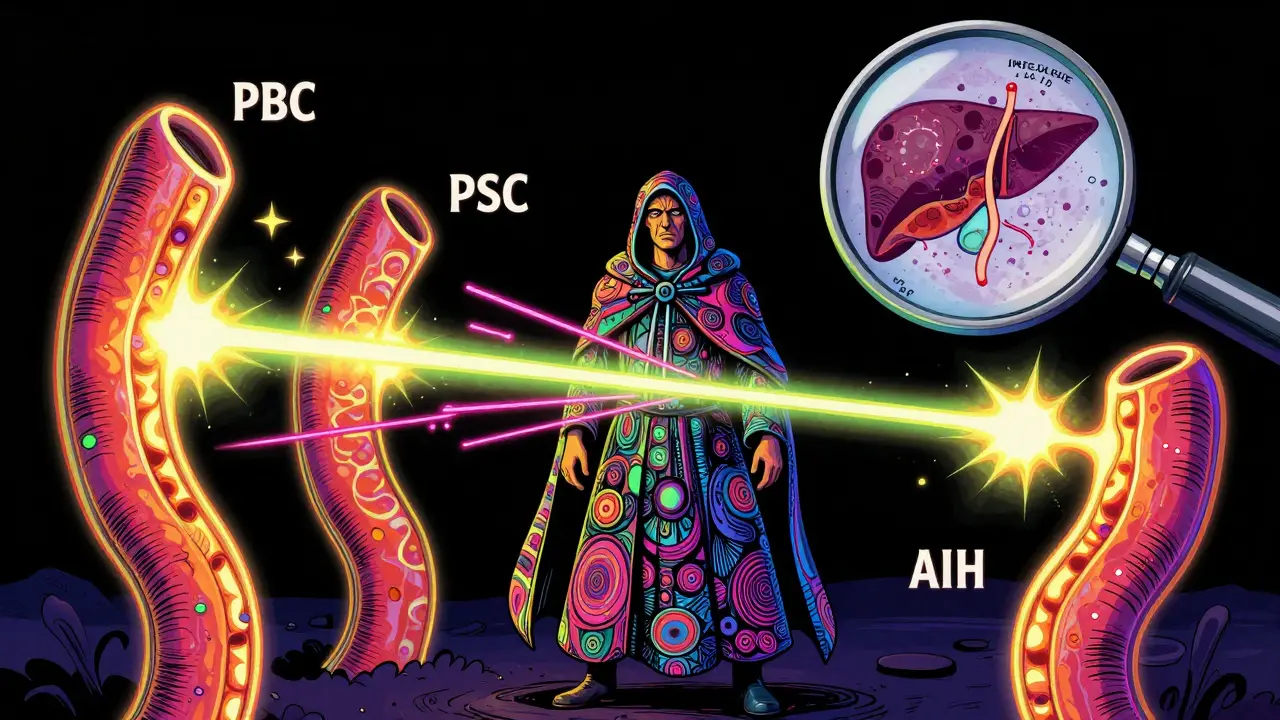 An immune warrior facing three conflicting bile duct diseases with swirling psychedelic lines and magnifying glass.