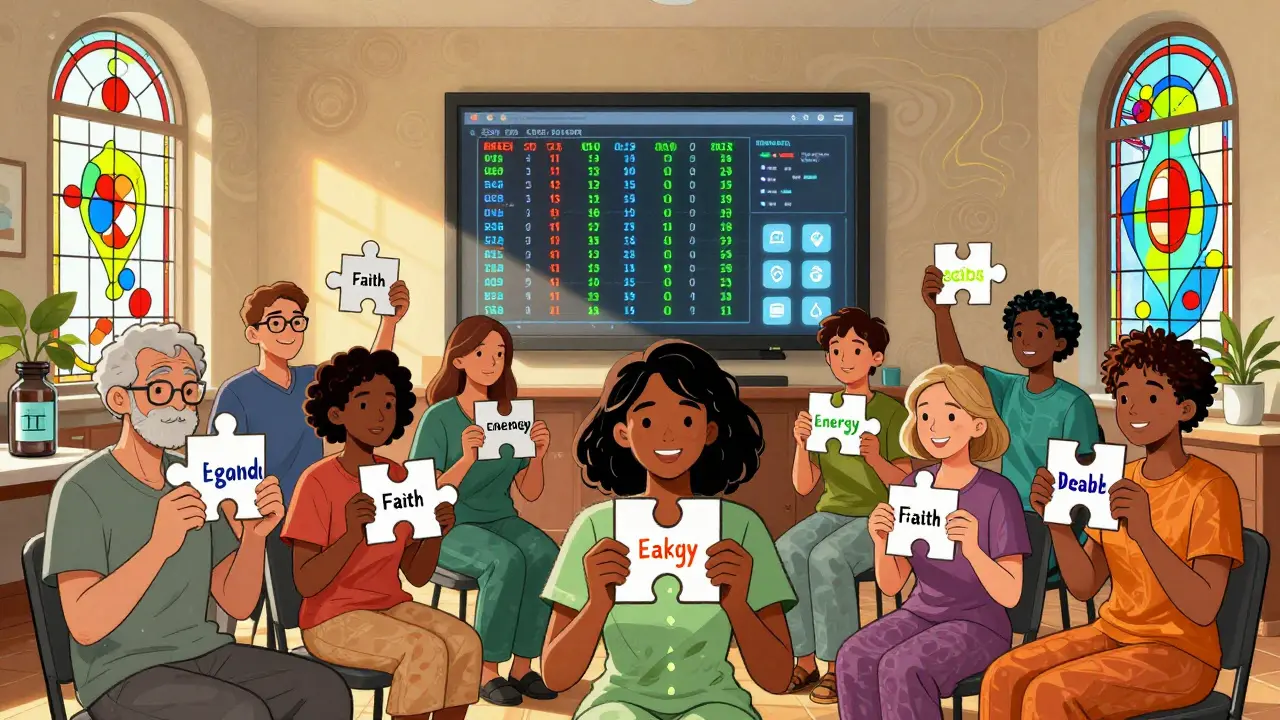 Diverse patients holding personalized medication cards with values like faith, cost, and energy, surrounded by gene and app imagery.