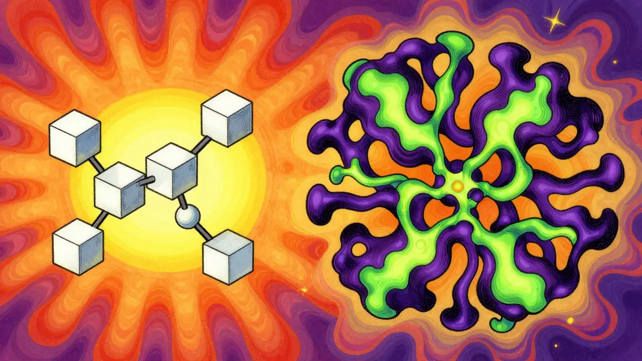 Simple floating cubes versus complex molecular webs illustrated in a groovy vintage poster style.