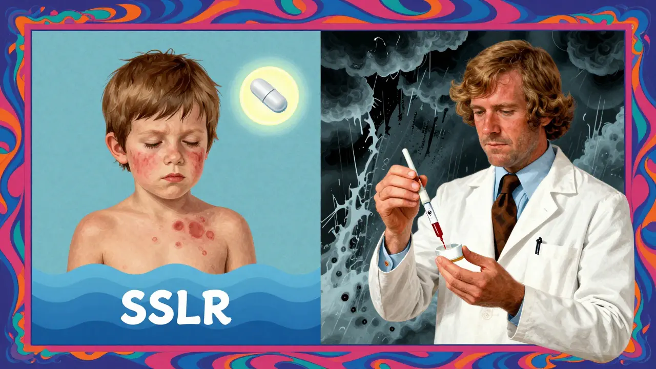 Split scene: child with SSLR on one side, adult with serum sickness on the other, rendered in bold swirling psychedelic lines and neon colors.