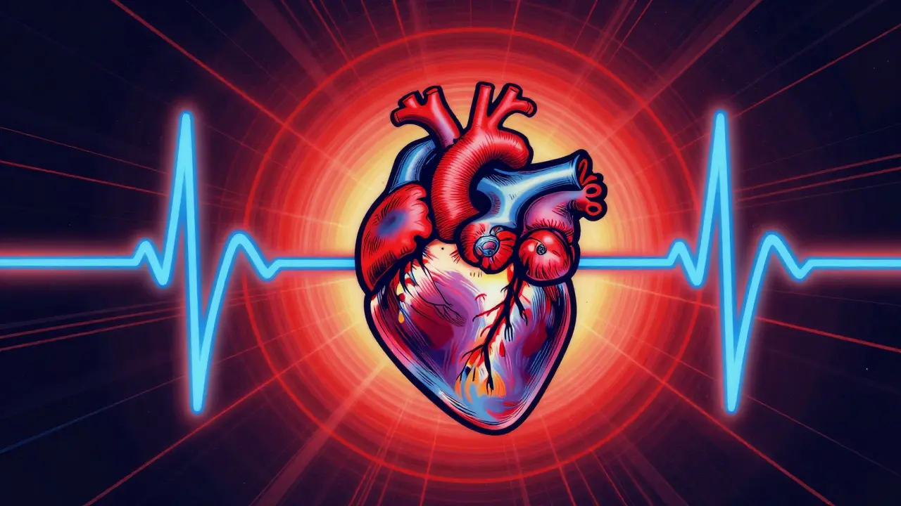 Stylized heart emitting elongated electrical rhythm waves