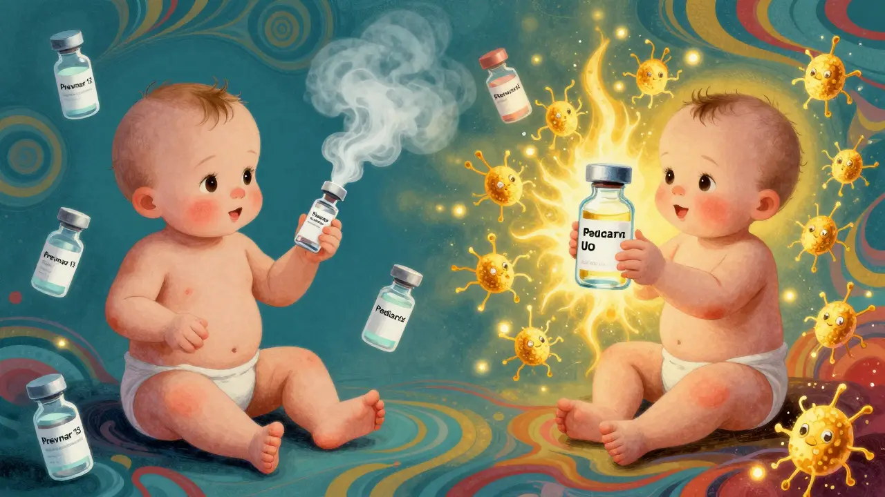 Two babies side by side: one with dimming vaccine response, the other with radiant antibodies, surrounded by vaccine icons in psychedelic style.