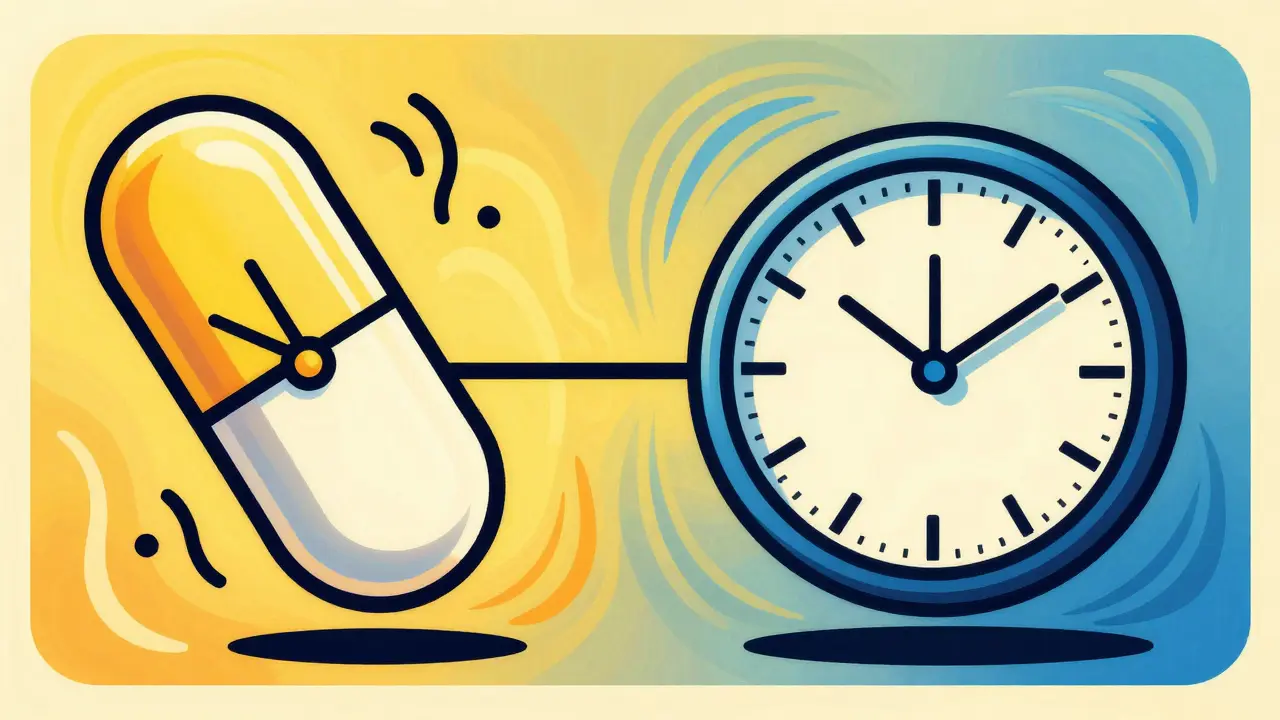 Two pills separated by clock symbols indicating time gaps.