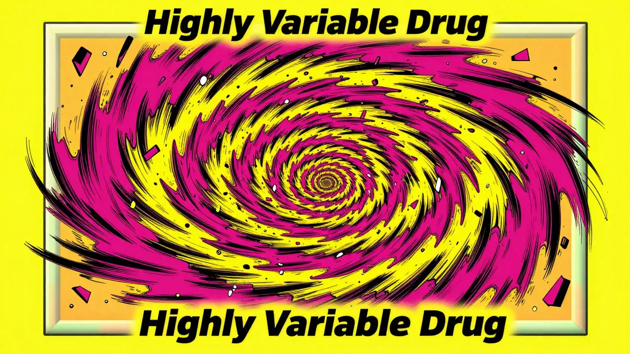 Abstract colorful shards and concentric circles symbolizing high drug variability and confidence intervals.