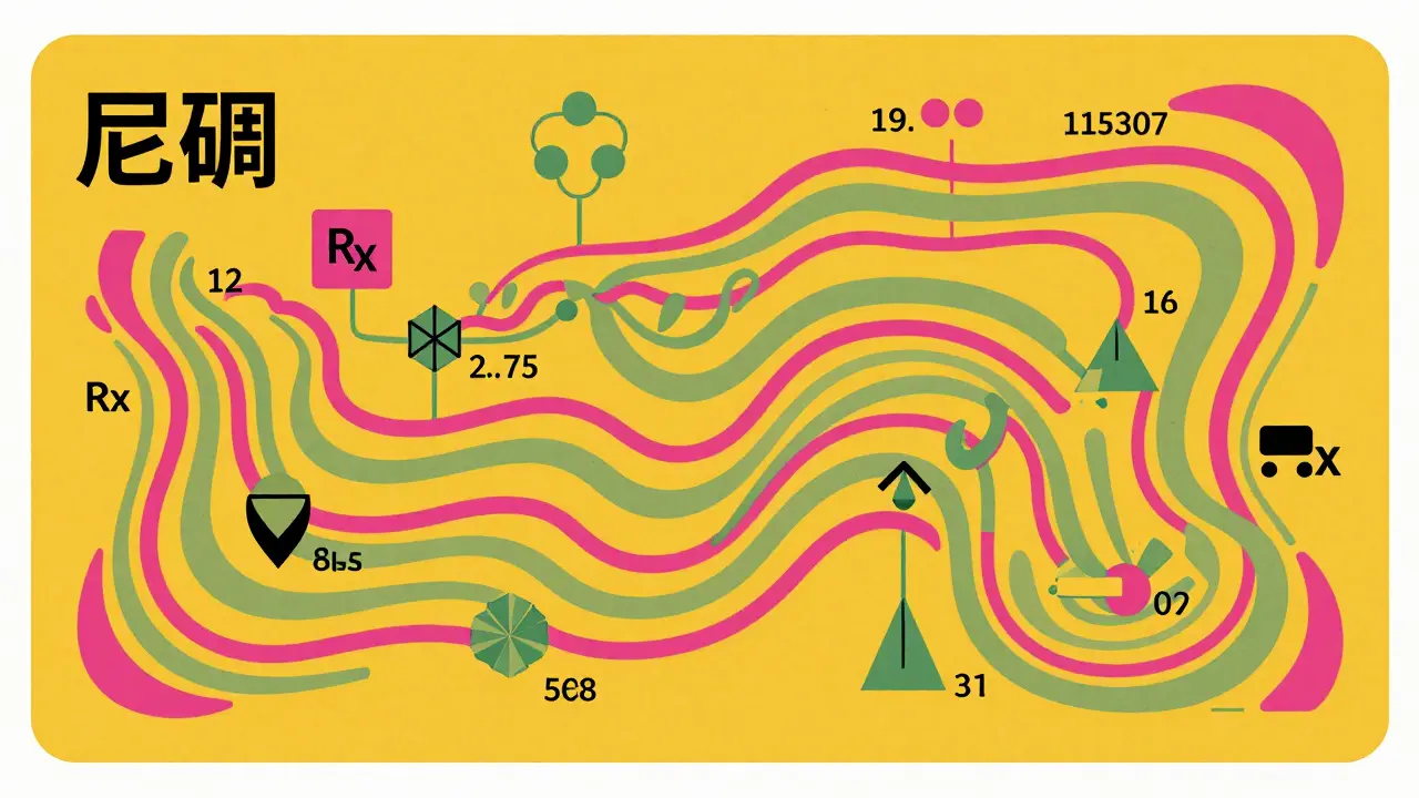 Abstract, flowing illustration of a medication label's components in Wes Wilson style.