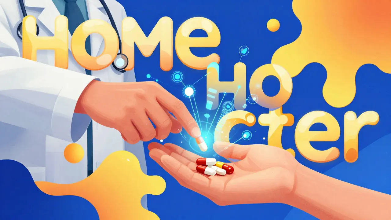 Abstract illustration of a pharmacist and patient with futuristic digital connections.