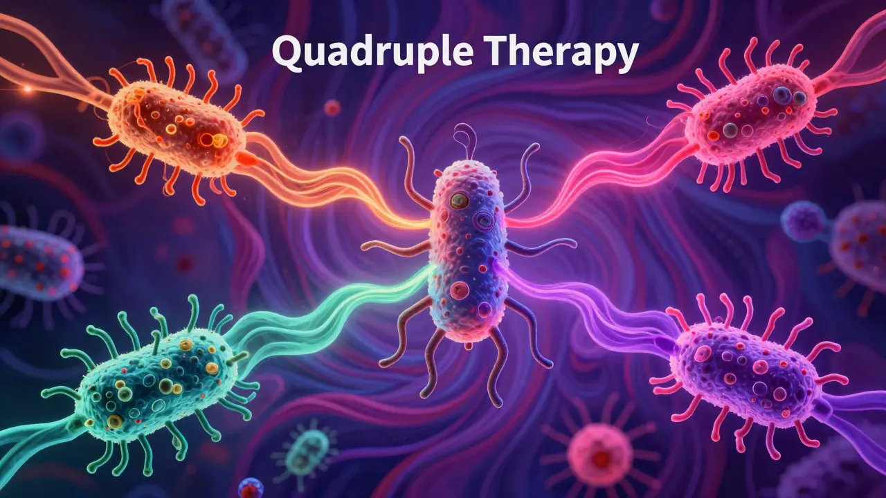 Abstract illustration of four colorful drug streams attacking a resistant bacterium