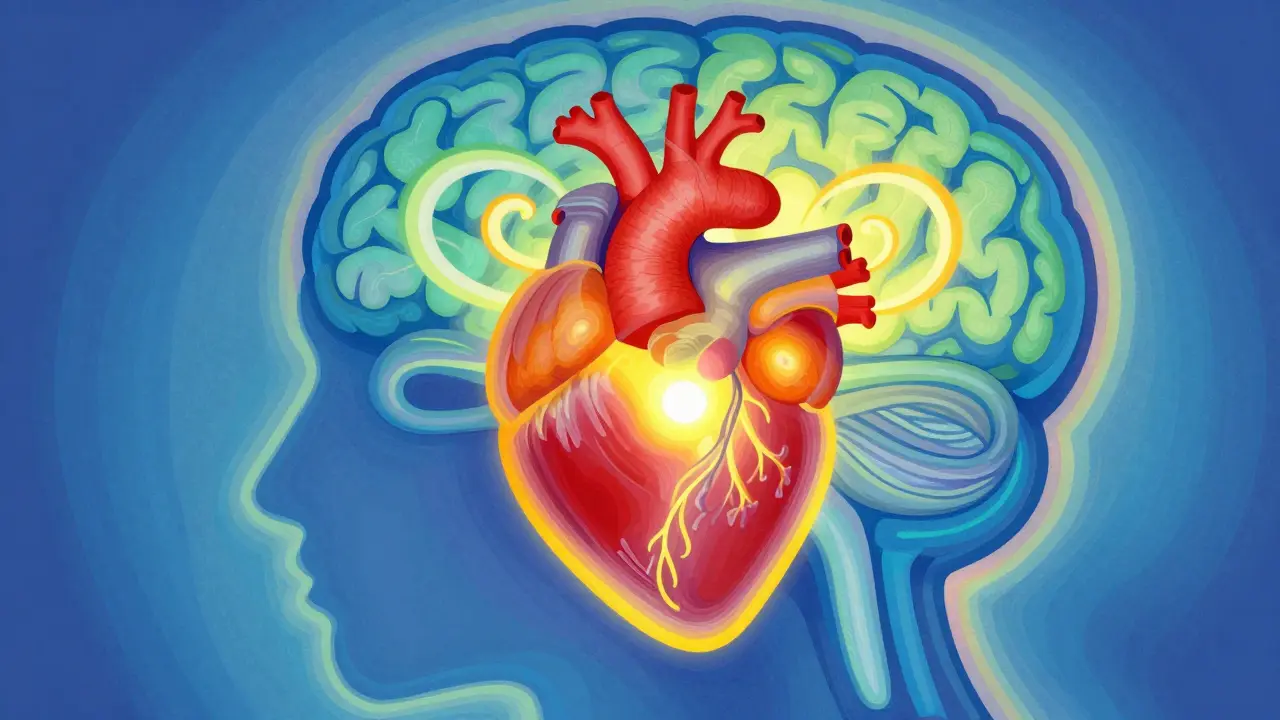 Abstract illustration showing a glowing heart and brain connected by colorful swirling ribbons.