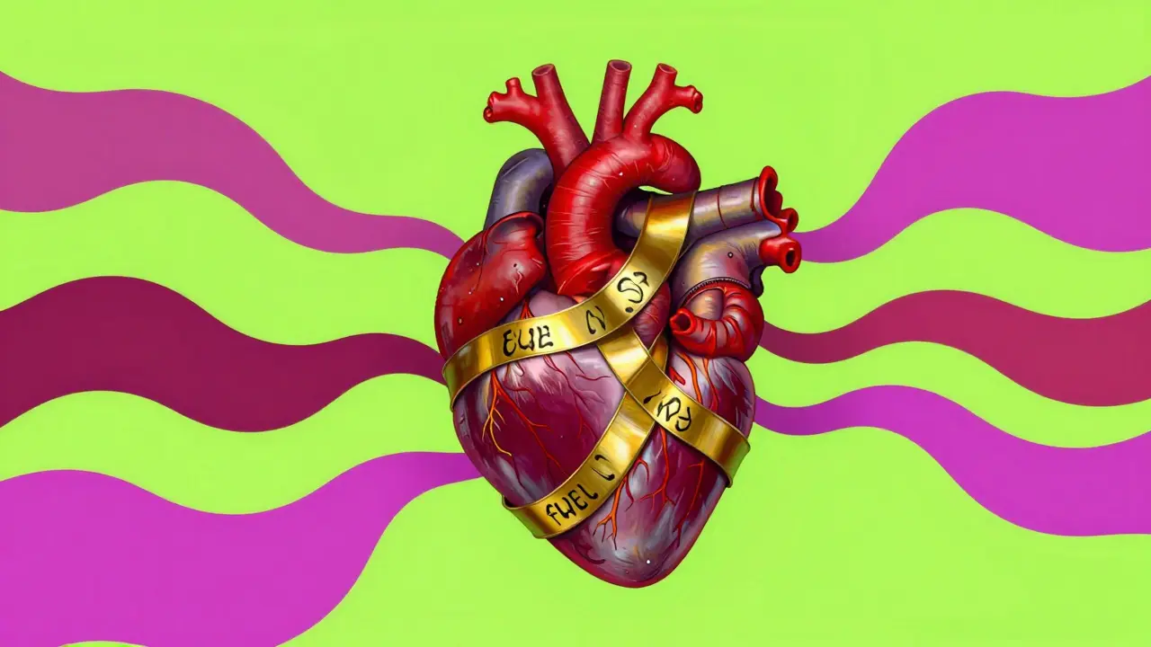 Abstract psychedelic depiction of a heart constrained by flowing colorful ribbons.