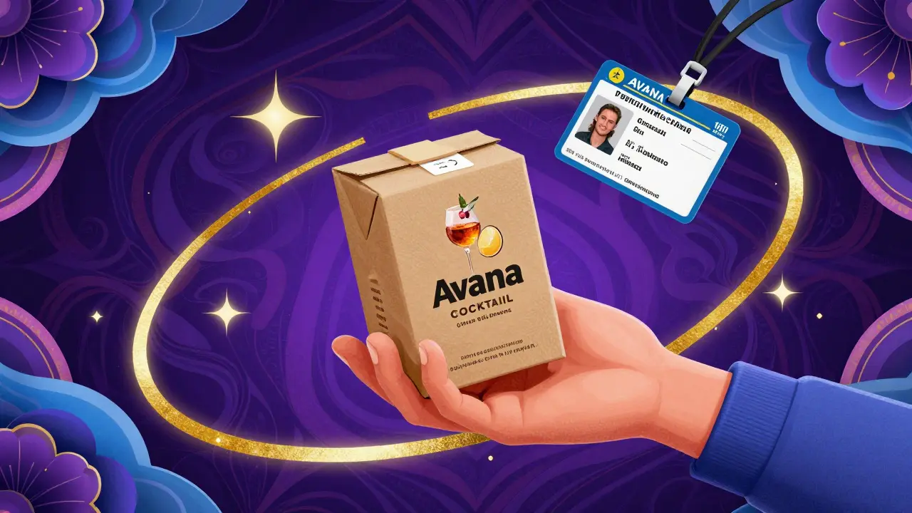 Artistic depiction of a person receiving a cocktail delivery with an ID card in psychedelic style.