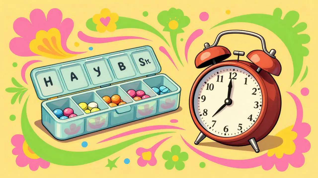 Colorful psychedelic illustration of a pill organizer and alarm clock.
