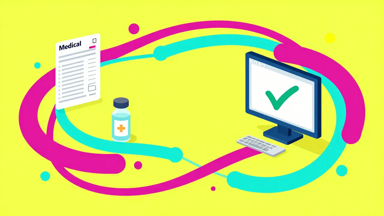 Colorful swirling graphic connecting a prescription, computer, and eye drops.