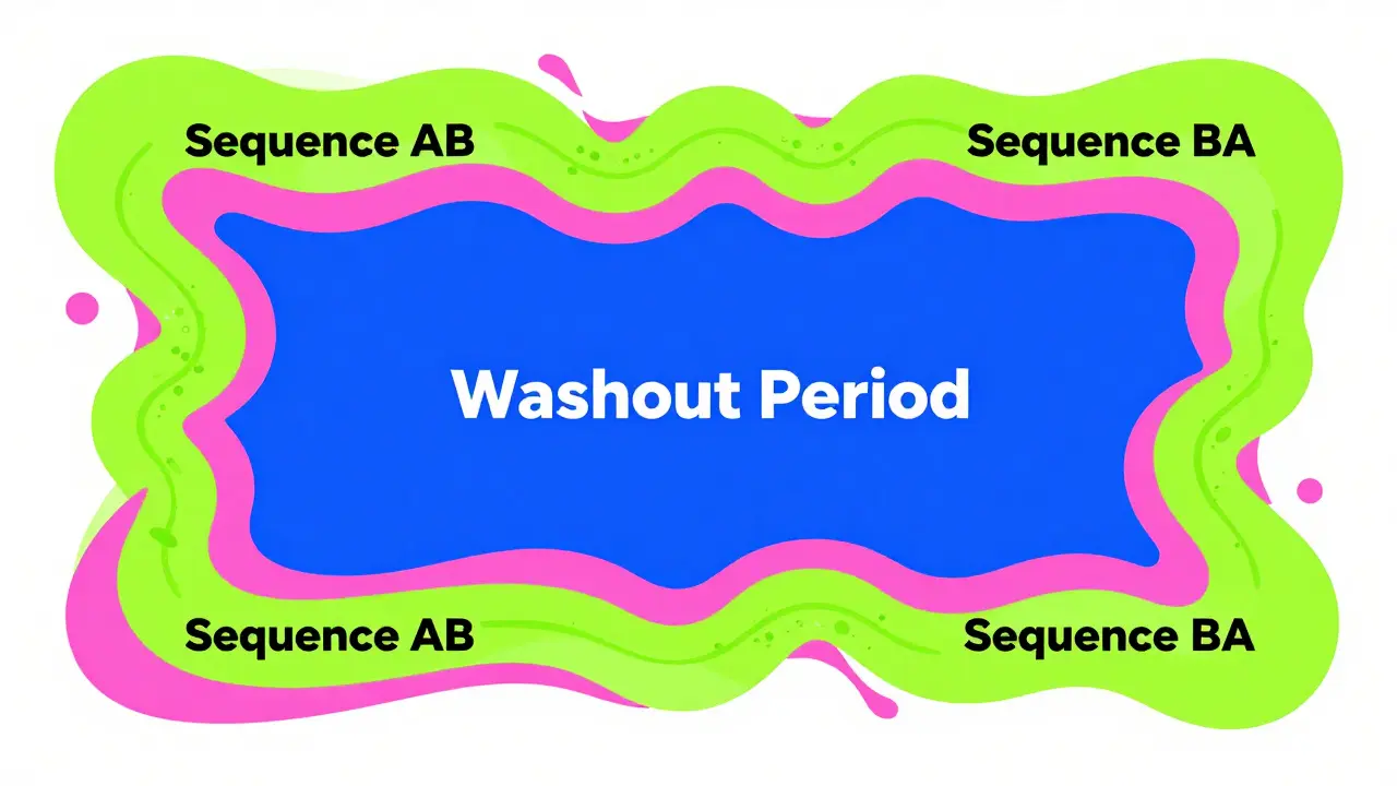 Fluid ribbons showing a drug trial sequence with a blue void representing the washout period.
