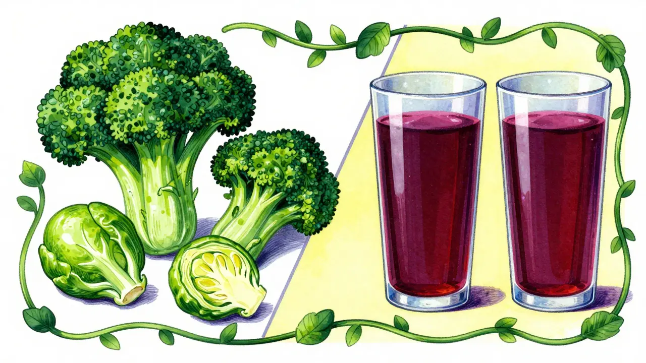 Green vegetables and red juice glasses comparison illustration.