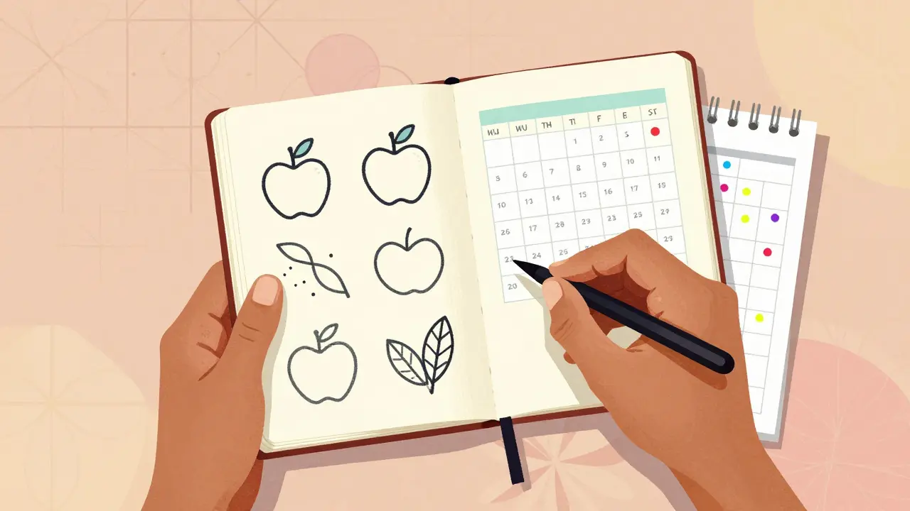 Hands holding a health journal with fruit sketches.