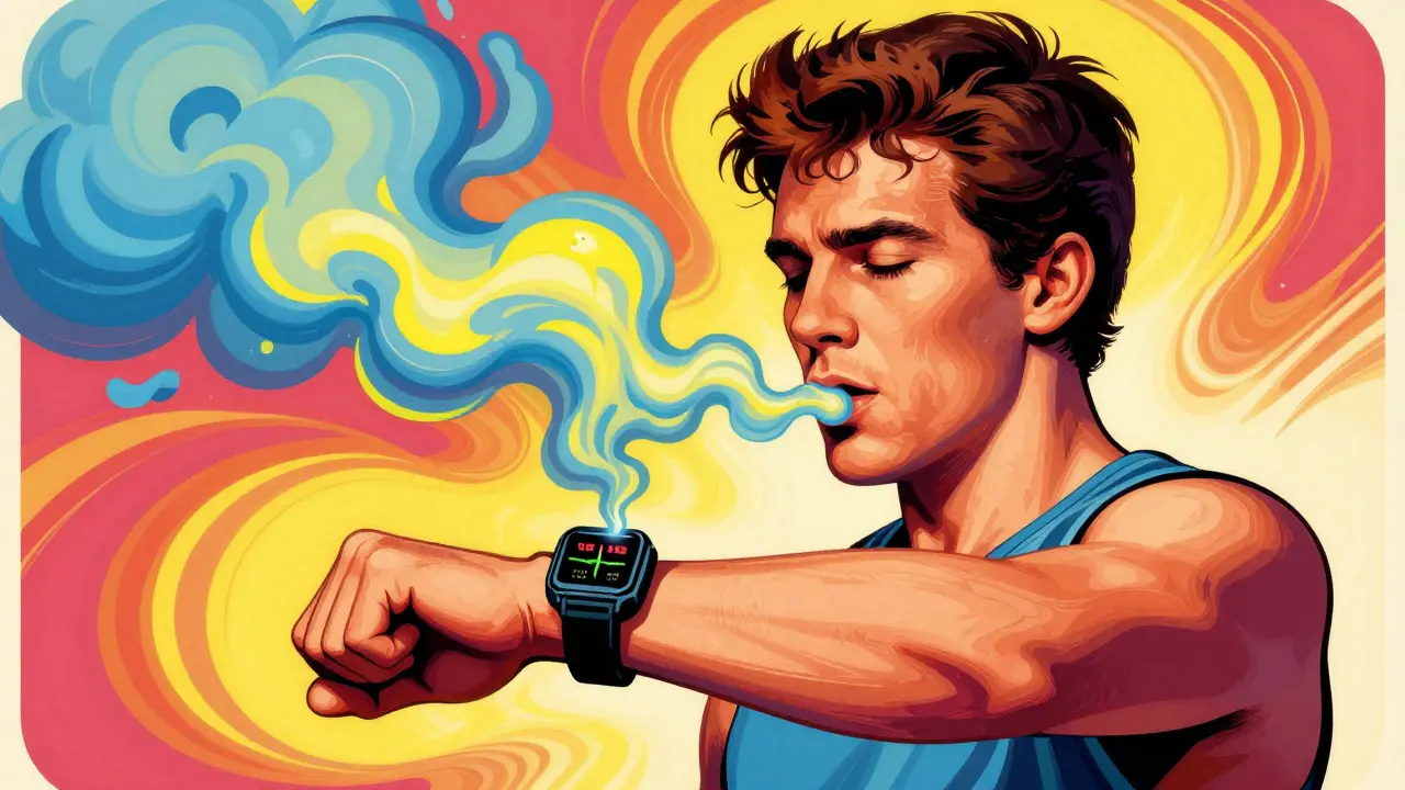 Illustration of a person ignoring a wrist monitor while focusing on their breathing.