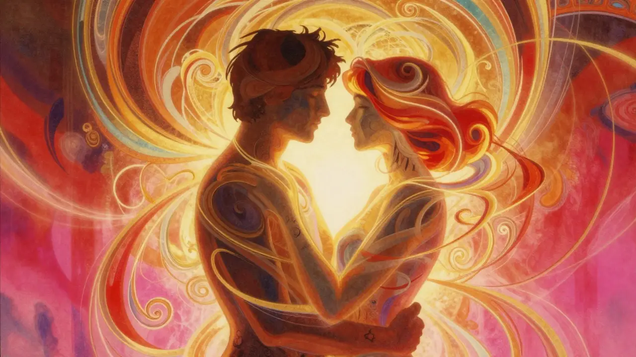 Interlocking silhouettes surrounded by vibrant swirls of color representing sensory reconnection.